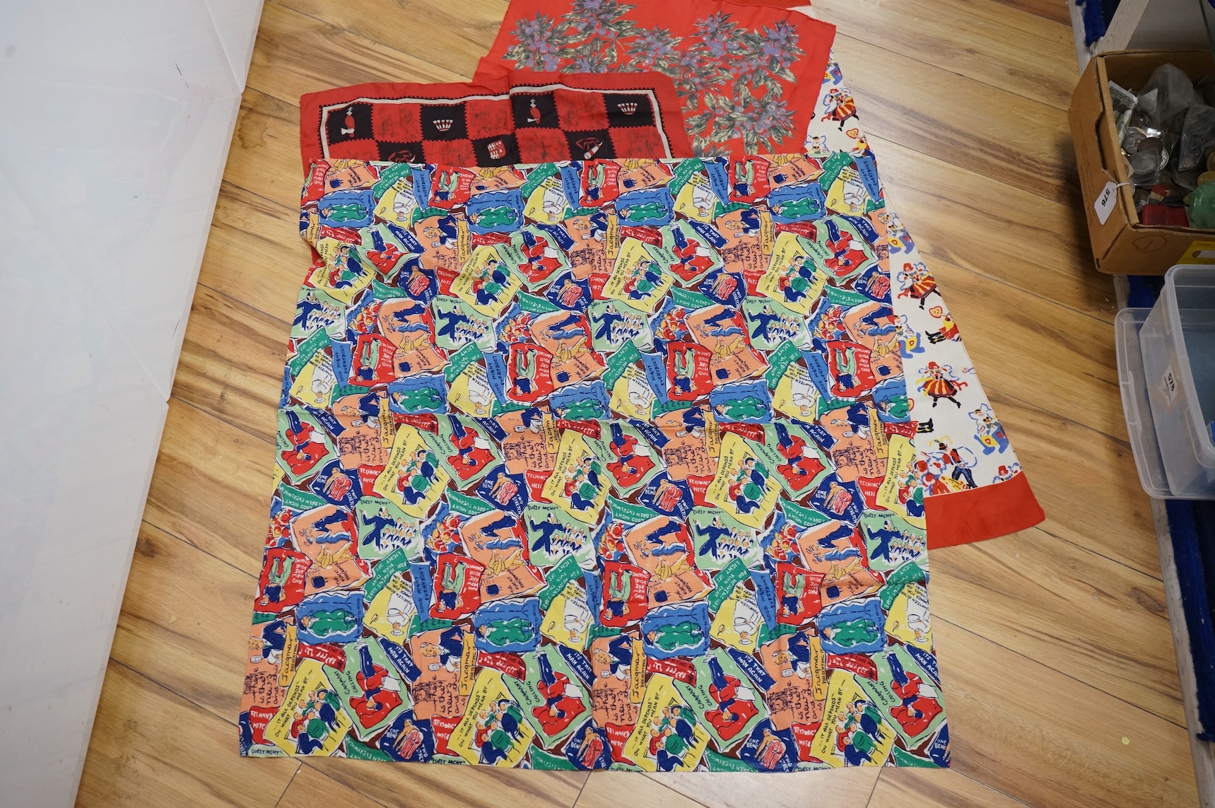 A novelty cartoon style Jacqmar silk scarf, two others and two unnamed scarves